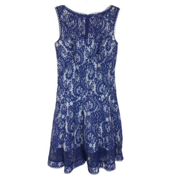 Womens Size XS Tadashi Shoji Blue Corded Lace Spacer Mesh Fit and Flare Dress - Picture 5 of 8